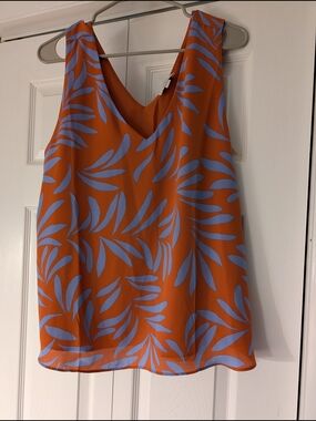 LOFT Orange V-Neck Tank with Periwinkle Leaf Print